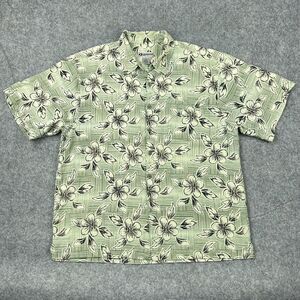 VTG Sportif Shirt Mens Large Green Silk Floral Hawaiian Short‎ Sleeve Button Up